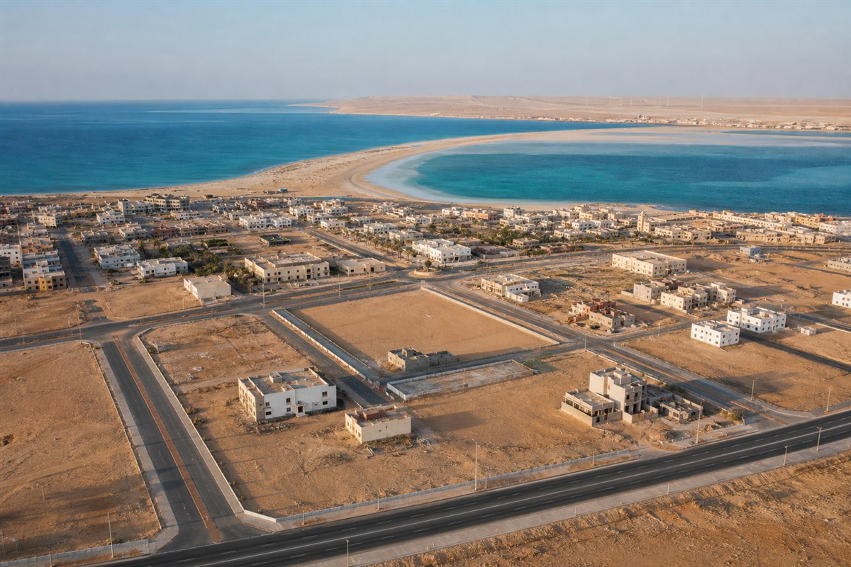 Aerial view of roads, buildable plots and the Atlantic lagoon in Dakhla