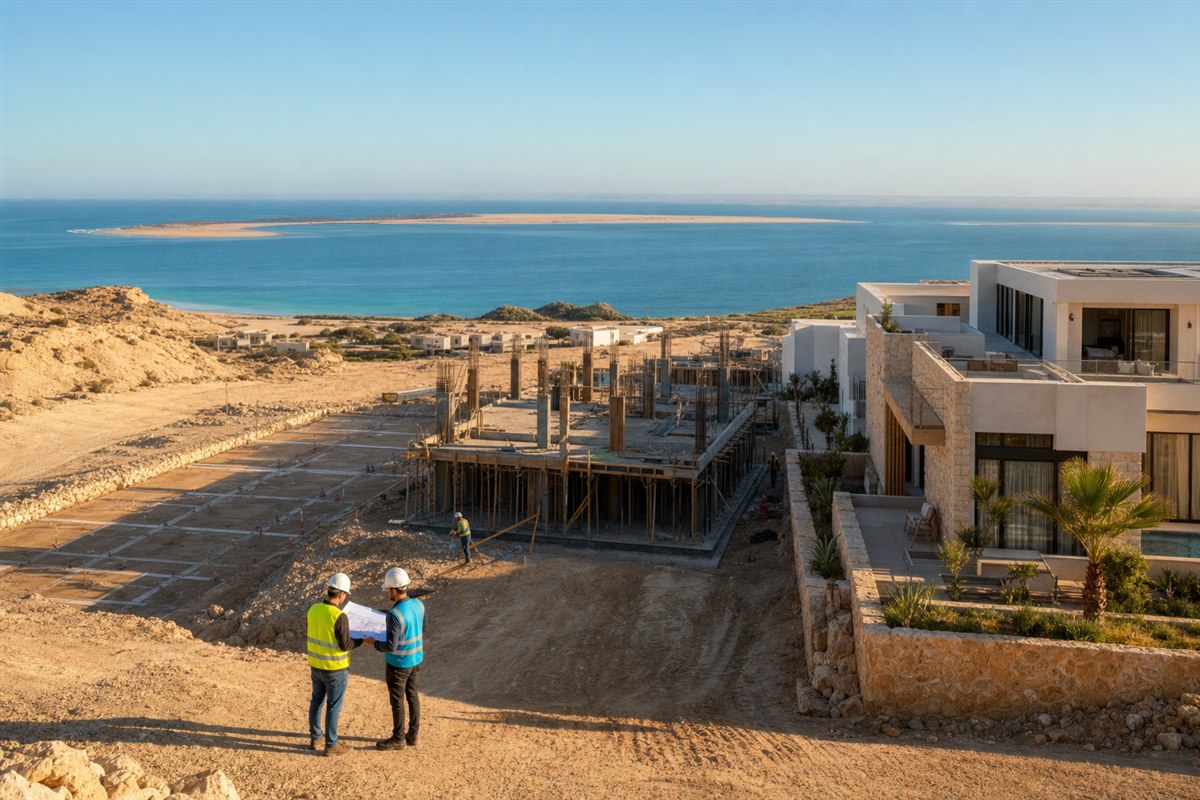 A real estate development progressing from foundations to completed buildings in Dakhla