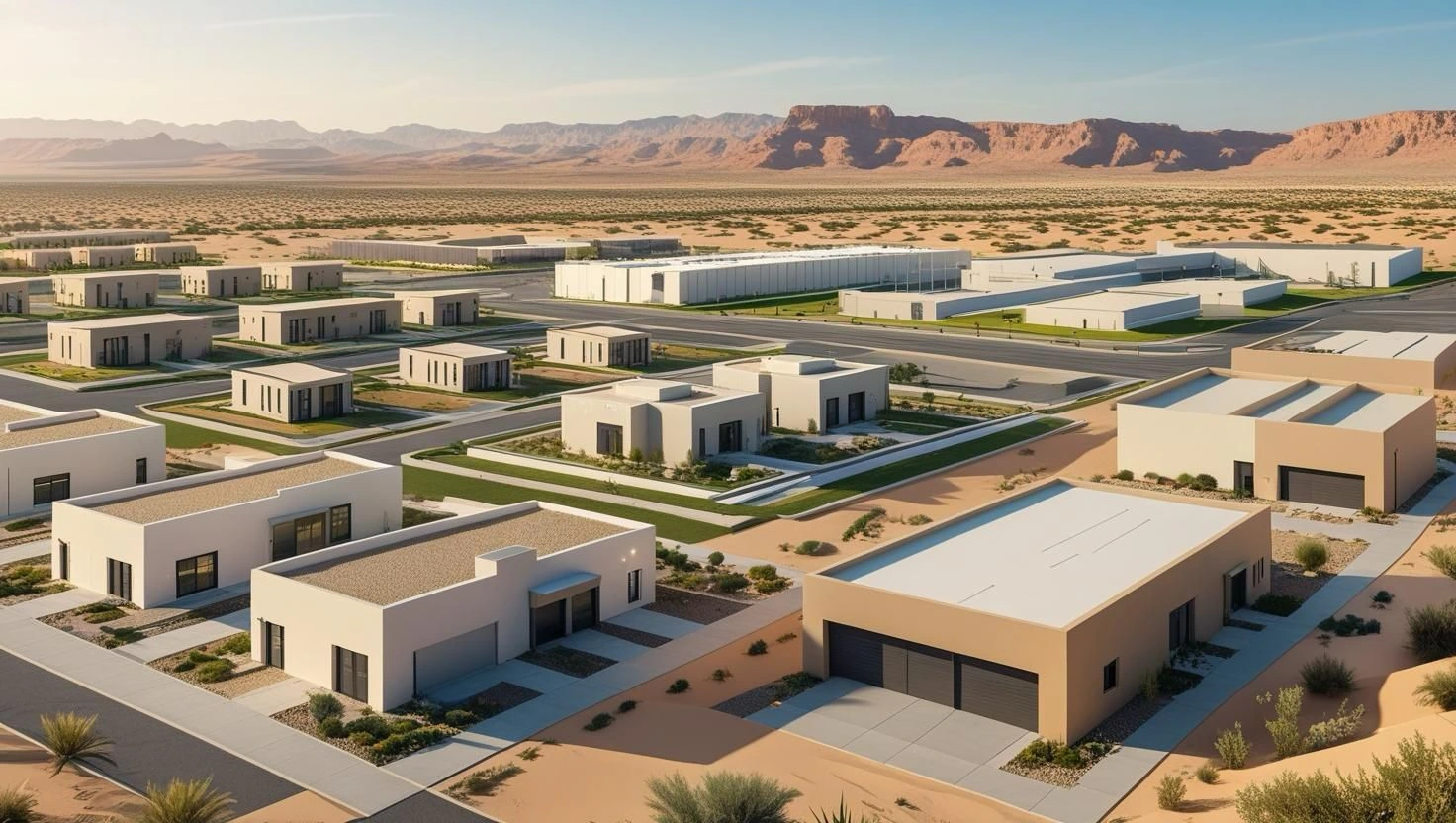 Modern desert architecture and solar-powered villas in Dakhla, Morocco — showcasing sustainable real estate investment opportunities in North Africa.